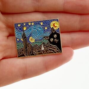 Starry Night Black Cat Soft Enamel Pin, Starry Night Vincent Van Gogh Pin